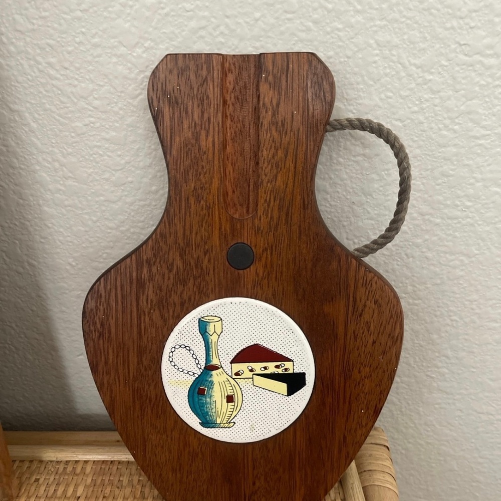 Vintage MCM Wooden Cheese Board with Graphic Tile Inlay